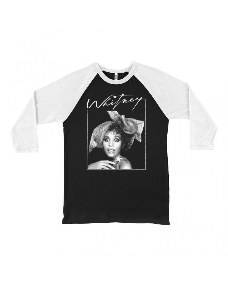 Whitney Houston 3/4 Sleeve Baseball Tee | 1987 Whitney Signature And White Photo Image Shirt $6.76 Shirts