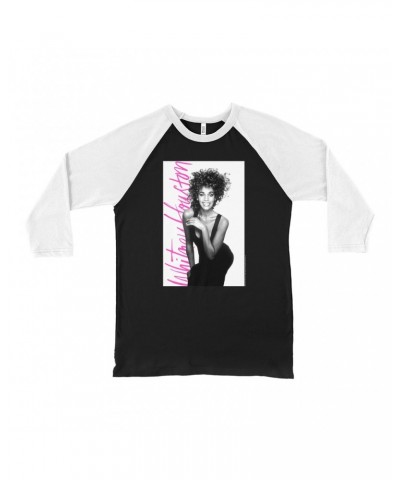 Whitney Houston 3/4 Sleeve Baseball Tee | Album Photo With Hot Pink Signature Image Shirt $14.40 Shirts