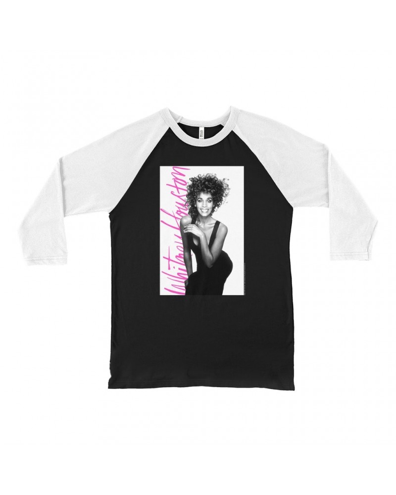 Whitney Houston 3/4 Sleeve Baseball Tee | Album Photo With Hot Pink Signature Image Shirt $14.40 Shirts