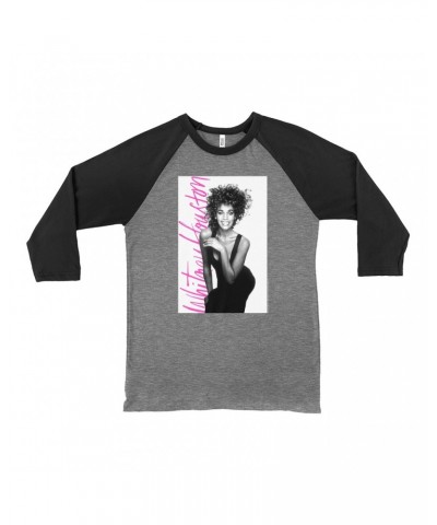 Whitney Houston 3/4 Sleeve Baseball Tee | Album Photo With Hot Pink Signature Image Shirt $14.40 Shirts