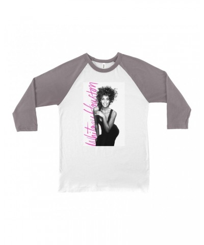 Whitney Houston 3/4 Sleeve Baseball Tee | Album Photo With Hot Pink Signature Image Shirt $14.40 Shirts