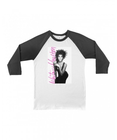 Whitney Houston 3/4 Sleeve Baseball Tee | Album Photo With Hot Pink Signature Image Shirt $14.40 Shirts