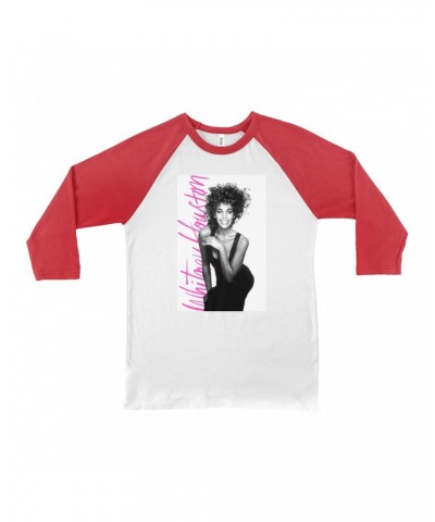 Whitney Houston 3/4 Sleeve Baseball Tee | Album Photo With Hot Pink Signature Image Shirt $14.40 Shirts