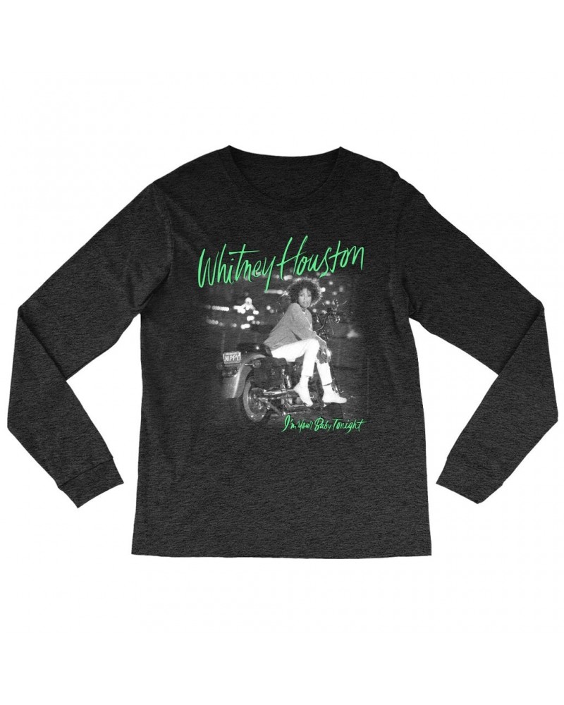 Whitney Houston Heather Long Sleeve Shirt | I'm Your Baby Tonight Album Cover Green Design Shirt $10.33 Shirts